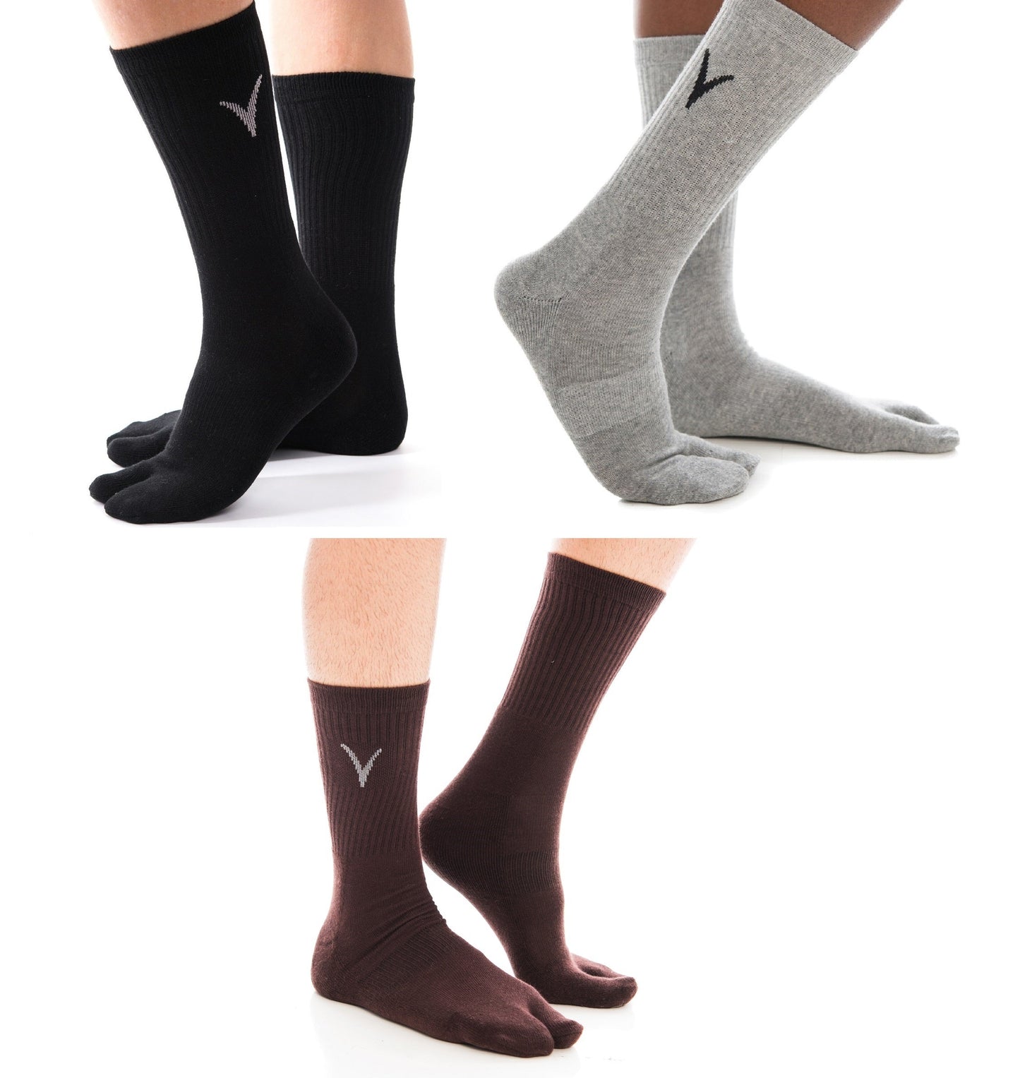 3 Pairs Athletic - V-Toe Flip Flop Tabi Big Toe Crew Sports Or Casual Black Solid Socks by V-Toe Socks, Inc