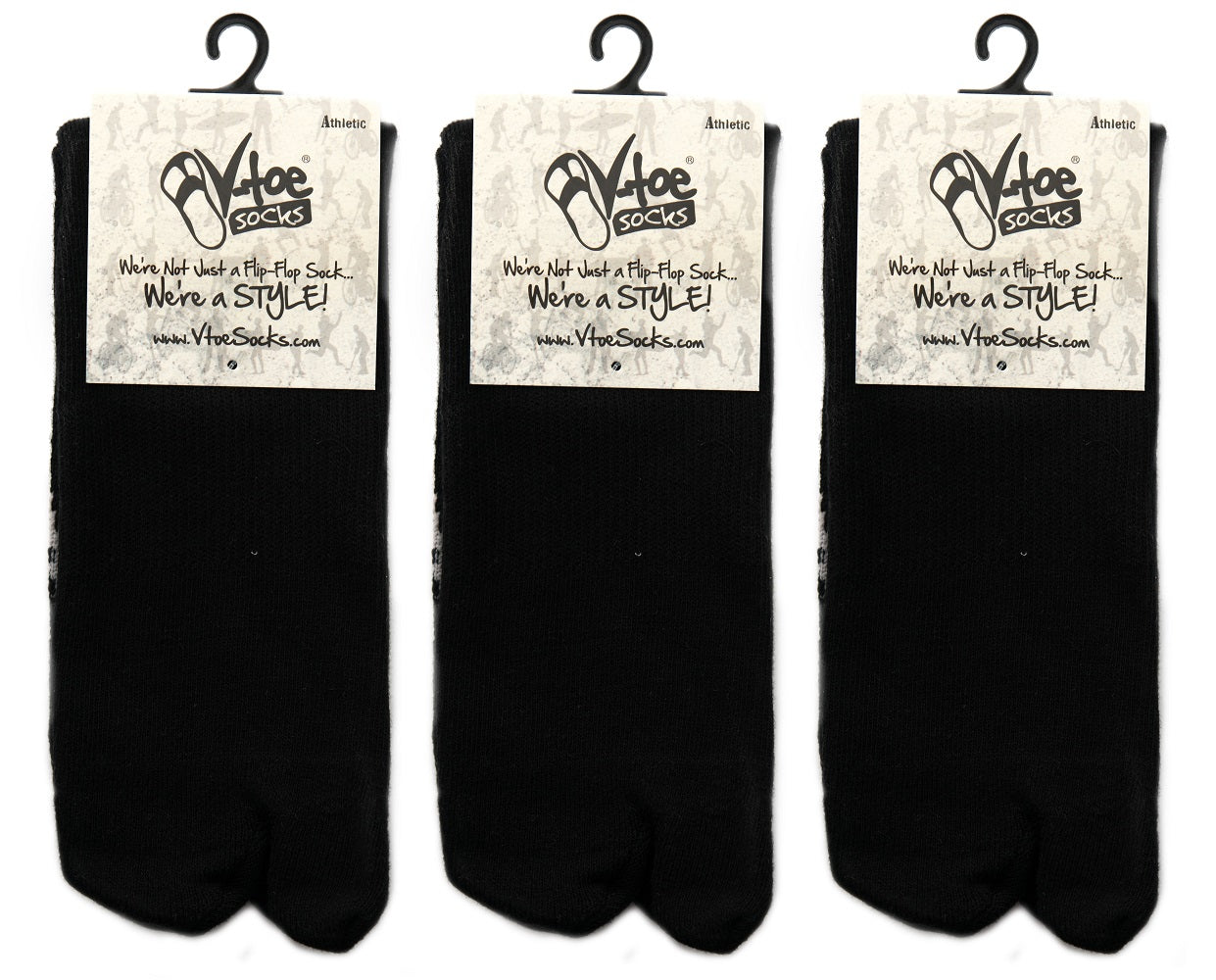 3 Pairs Athletic - V-Toe Flip Flop Tabi Big Toe Crew Sports Or Casual Black Solid Socks by V-Toe Socks, Inc