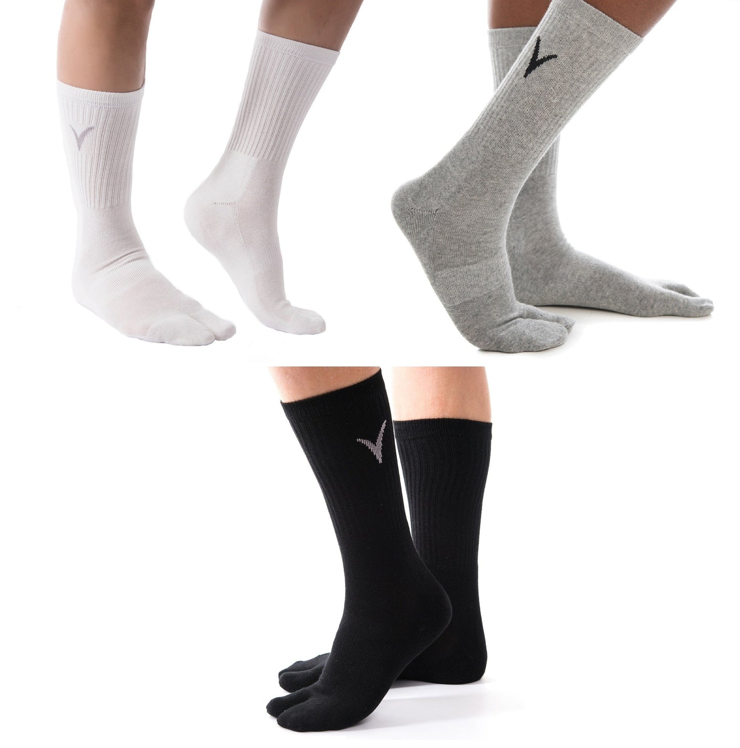 3 Pairs Athletic - V-Toe Flip Flop Tabi Big Toe Crew Sports Or Casual Black Solid Socks by V-Toe Socks, Inc
