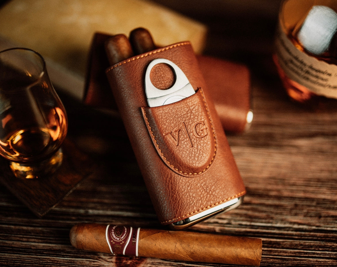 Luxury Brown Leather Cigar Case With Cutter by Vintage Gentlemen