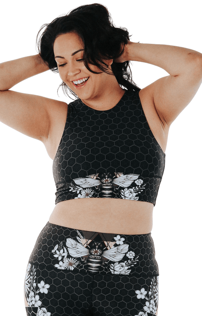 Free Range Sports Bra in Beeloved Blackout by Yoga Democracy