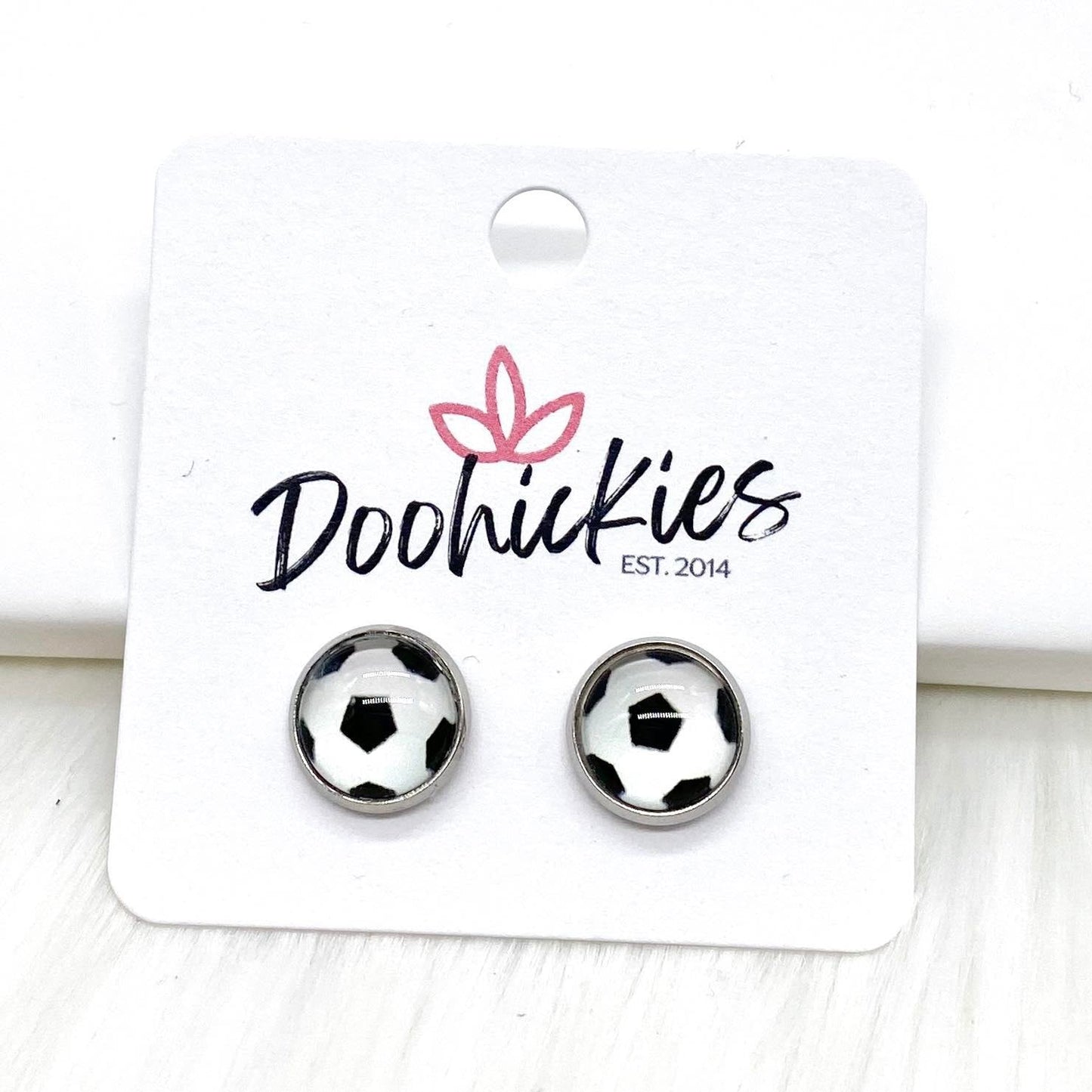 New Soccer Balls in Stainless Steel Settings -Sports Earrings by Doohickies Wholesale