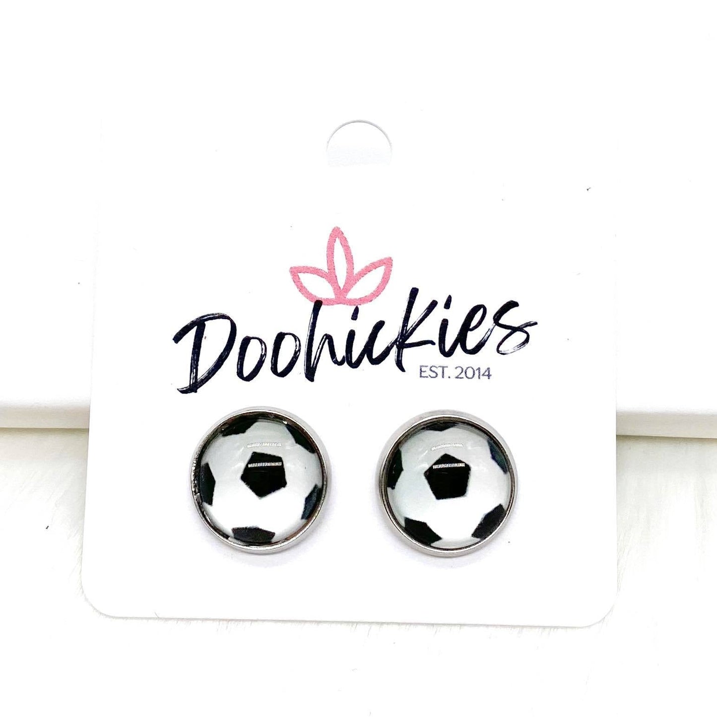 New Soccer Balls in Stainless Steel Settings -Sports Earrings by Doohickies Wholesale