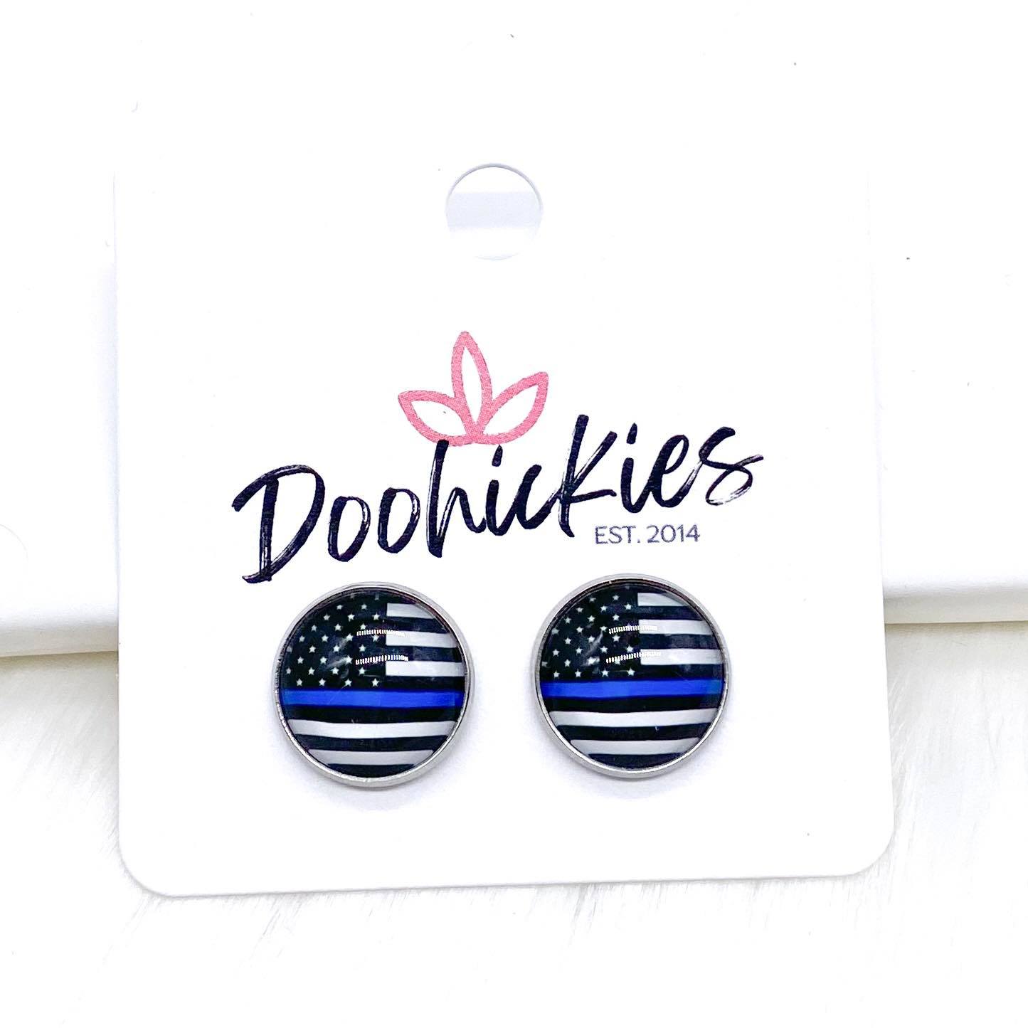 12mm Red, White, & Blue Line Flags in Stainless Steel Settings by Doohickies Wholesale