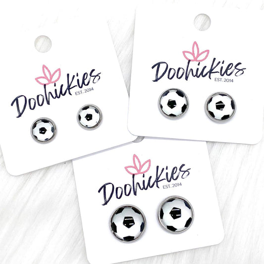 New Soccer Balls in Stainless Steel Settings -Sports Earrings by Doohickies Wholesale