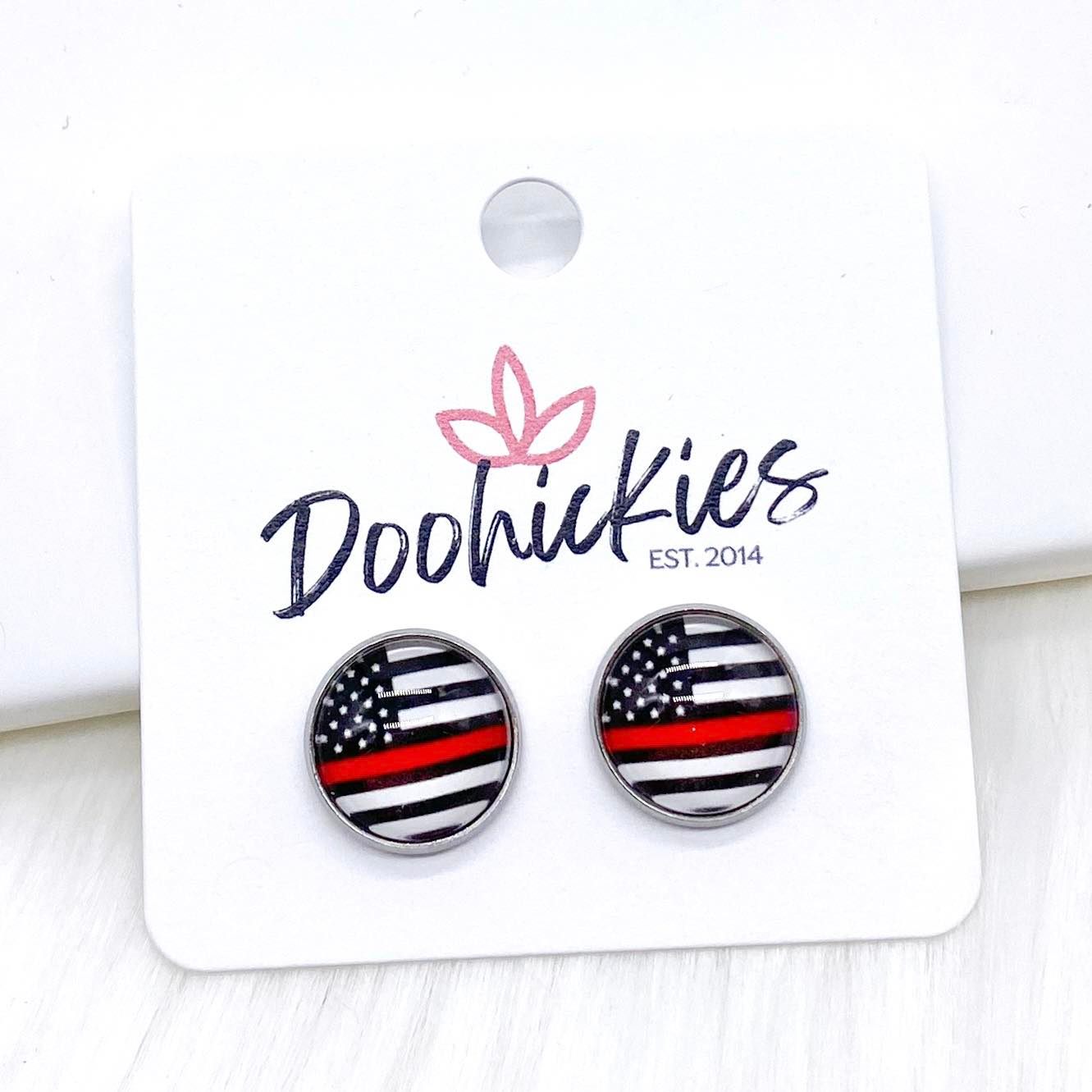 12mm Red, White, & Blue Line Flags in Stainless Steel Settings by Doohickies Wholesale