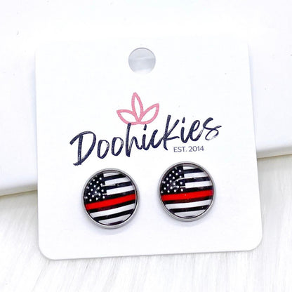 12mm Red, White, & Blue Line Flags in Stainless Steel Settings by Doohickies Wholesale