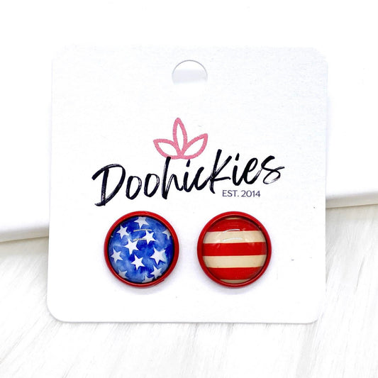 12mm Stars & Stripes in Red Settings -Patriotic Earrings by Doohickies Wholesale