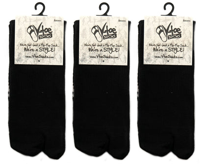 3 Pairs Athletic -  V-Toe Flip Flop Tabi Big Toe Crew Sports Or Casual Black Solid Socks by V-Toe Socks, Inc