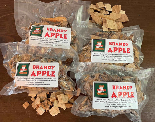 FOUR (6 OZ Pouches) PRE-SOAKED MAINE BRANDY APPLE WOOD CHIPS by Flame Grilling Products Inc