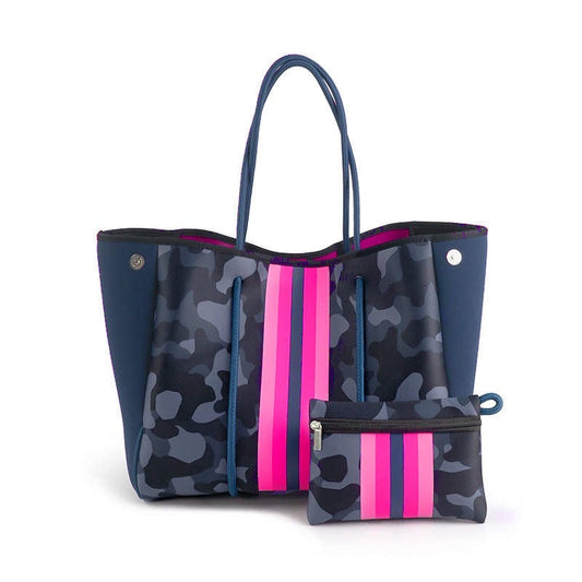 The Aniella Neoprene Tote - Blue Camo with Hot Pink Racer Stripe by Babs+Birdie