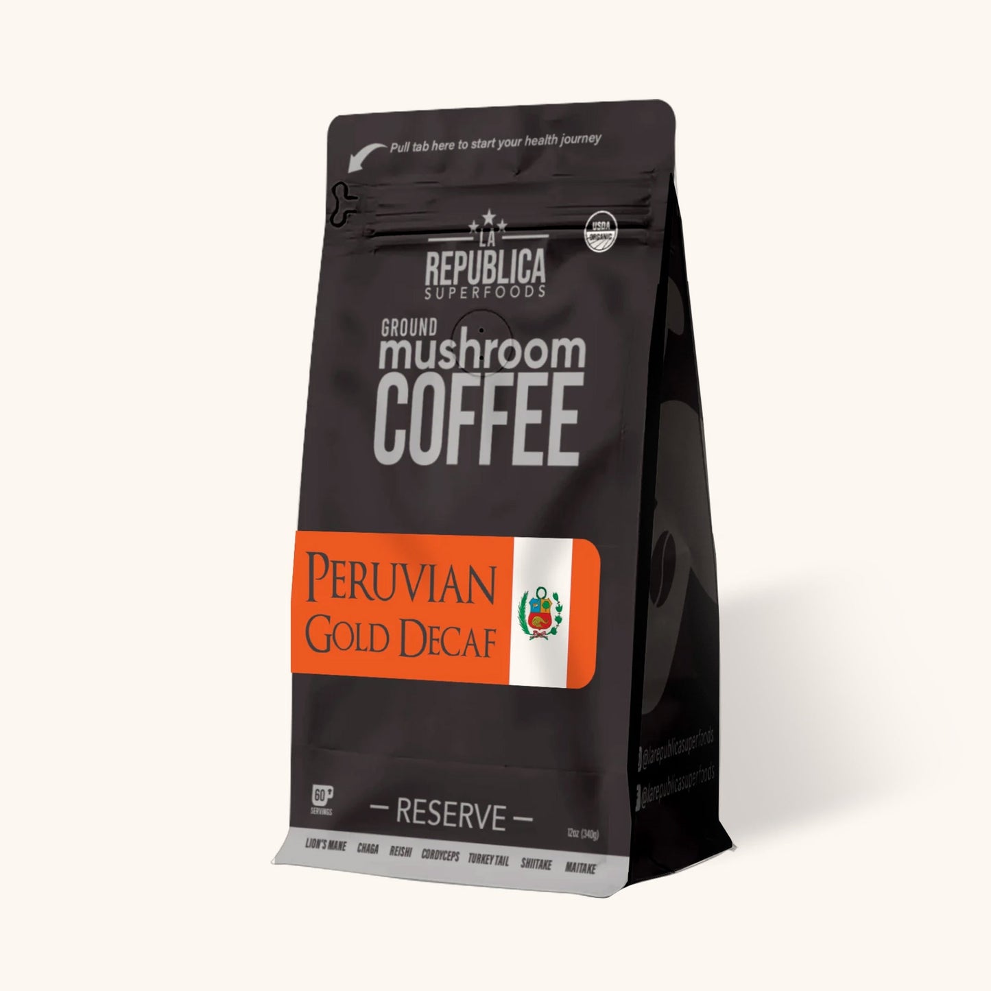 DECAF Peruvian Gold Ground Mushroom Coffee by La Republica Superfoods