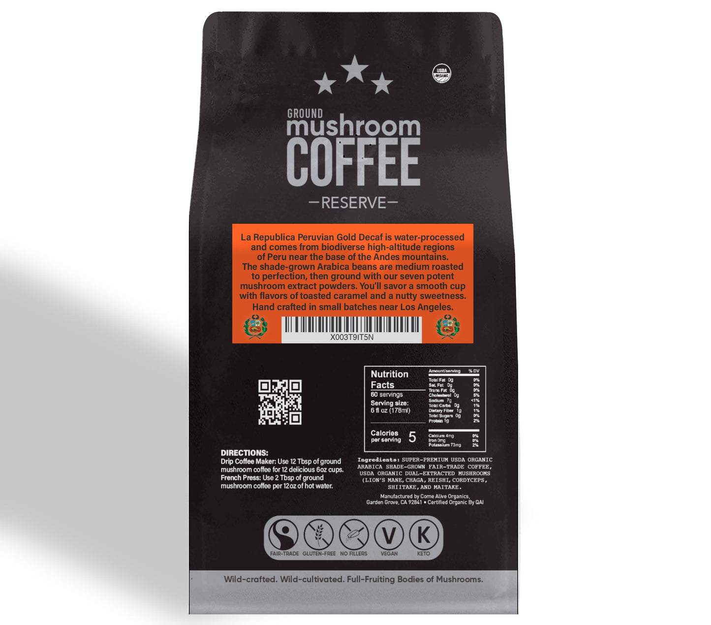 DECAF Peruvian Gold Ground Mushroom Coffee by La Republica Superfoods