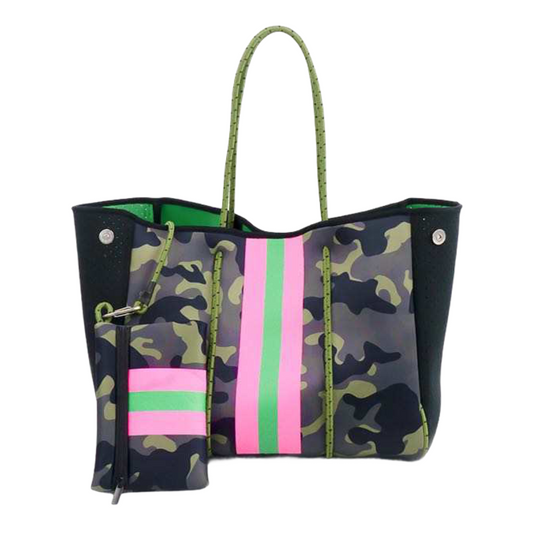 The Aniella Neoprene Tote - Green Camo with Pink Green Stripe by Babs+Birdie