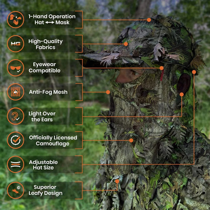 2-in-1 FRONT Leafy Face Mask and Camo Hat (Adjustable,OSFM) by QuikCamo