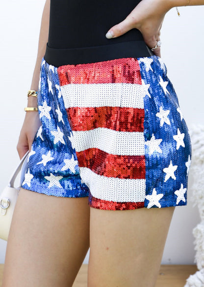 Anna-Kaci Women's Mid Rise July 4th USA Flag Star Stripes Sparkly Sequin Shorts by Anna-Kaci