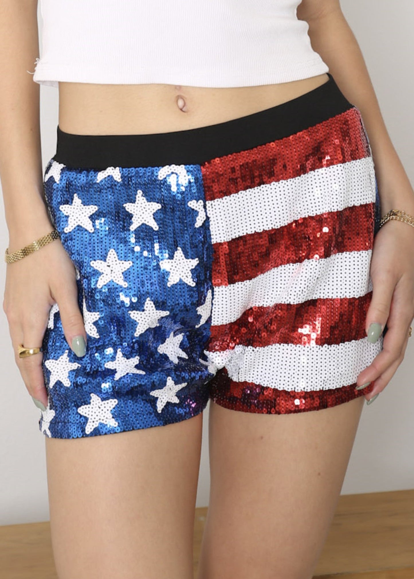 Anna-Kaci Women's Mid Rise July 4th USA Flag Star Stripes Sparkly Sequin Shorts by Anna-Kaci