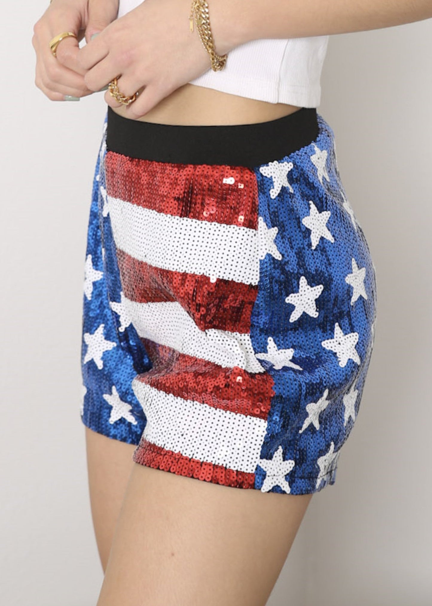 Anna-Kaci Women's Mid Rise July 4th USA Flag Star Stripes Sparkly Sequin Shorts by Anna-Kaci