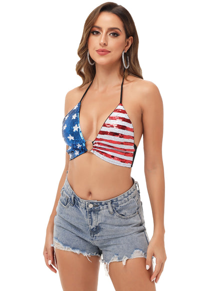 Anna-Kaci American Flag Sequin Shirt Women 4th of July Patriotic Shirt Stars Stripes Top Tees by Anna-Kaci