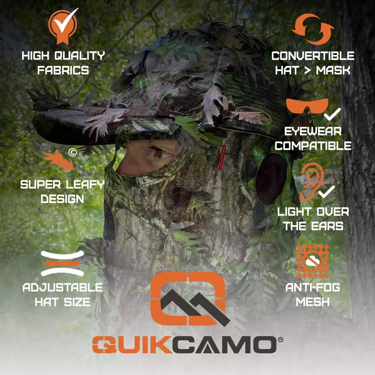 2-in-1 FRONT Leafy Face Mask and Camo Hat (Adjustable,OSFM) by QuikCamo