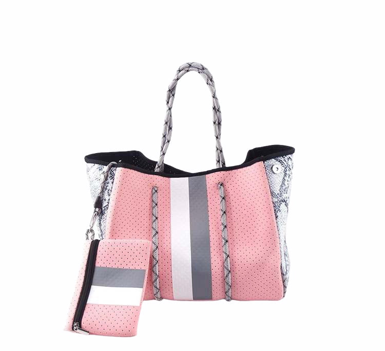 The Aniella Neoprene Tote - Pink with White and Gray Stripe by Babs+Birdie