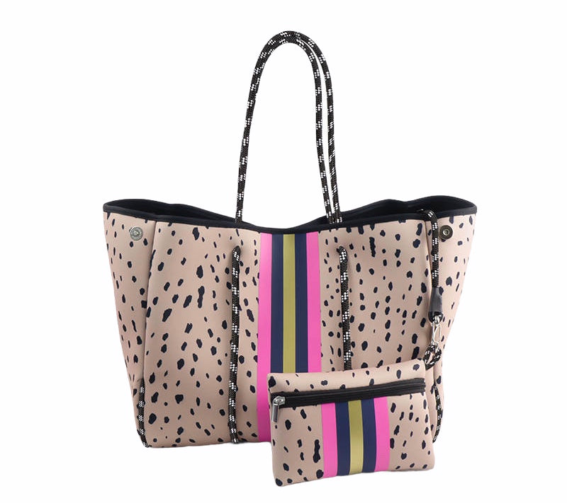 The Aniella Neoprene Tote - Leopard with Pink Blue Gold Stripe by Babs+Birdie