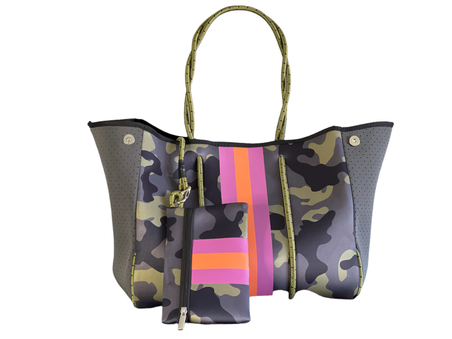 The Aniella Neoprene Tote - Green Camo with Pink And Orange Stripe by Babs+Birdie