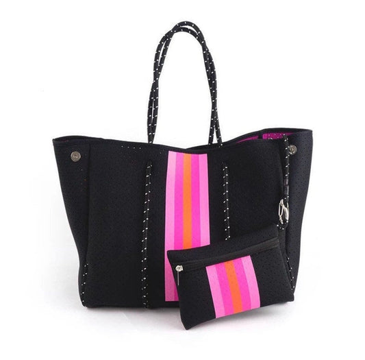 The Aniella Neoprene Tote - Black with Pink & Orange Stripe by Babs+Birdie