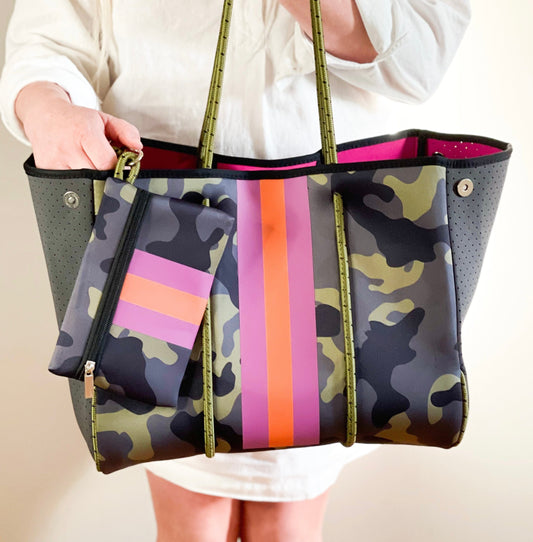 The Aniella Neoprene Tote - Green Camo with Pink And Orange Stripe by Babs+Birdie