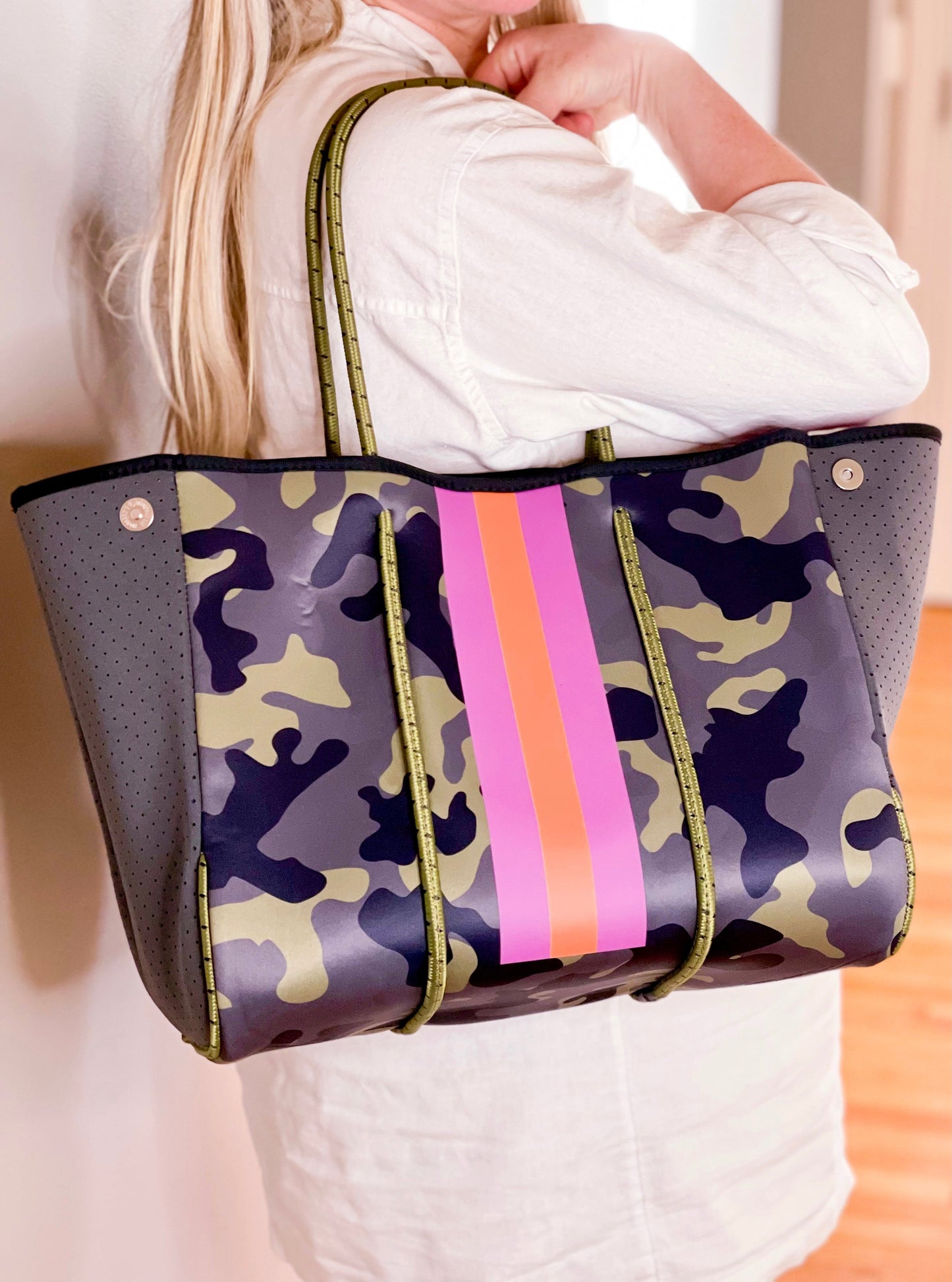 The Aniella Neoprene Tote - Green Camo with Pink And Orange Stripe by Babs+Birdie