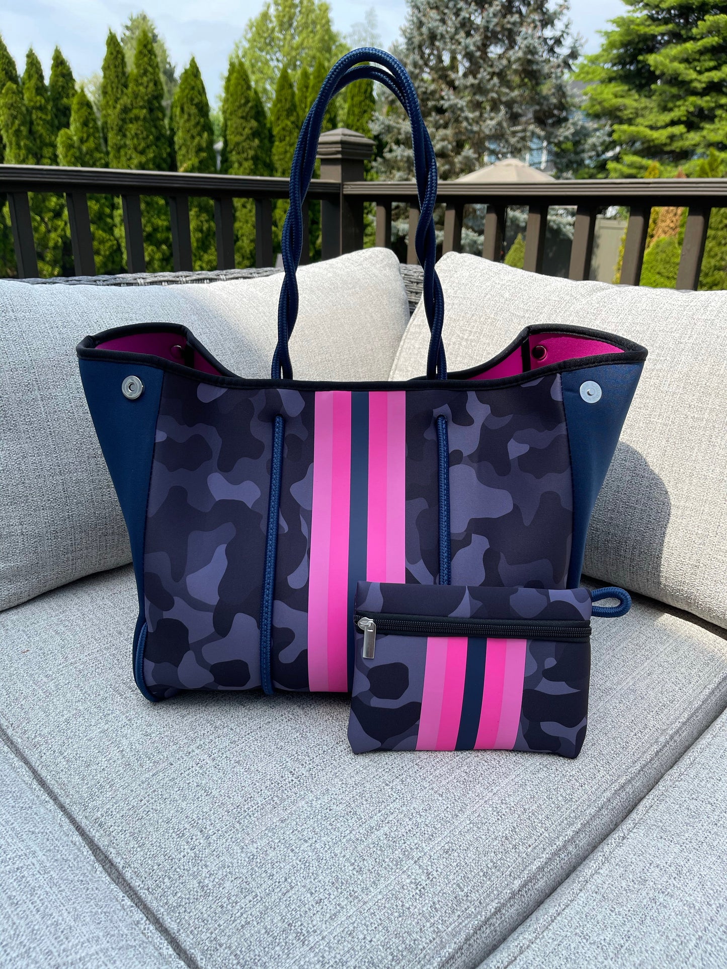 The Aniella Neoprene Tote - Blue Camo with Hot Pink Racer Stripe by Babs+Birdie