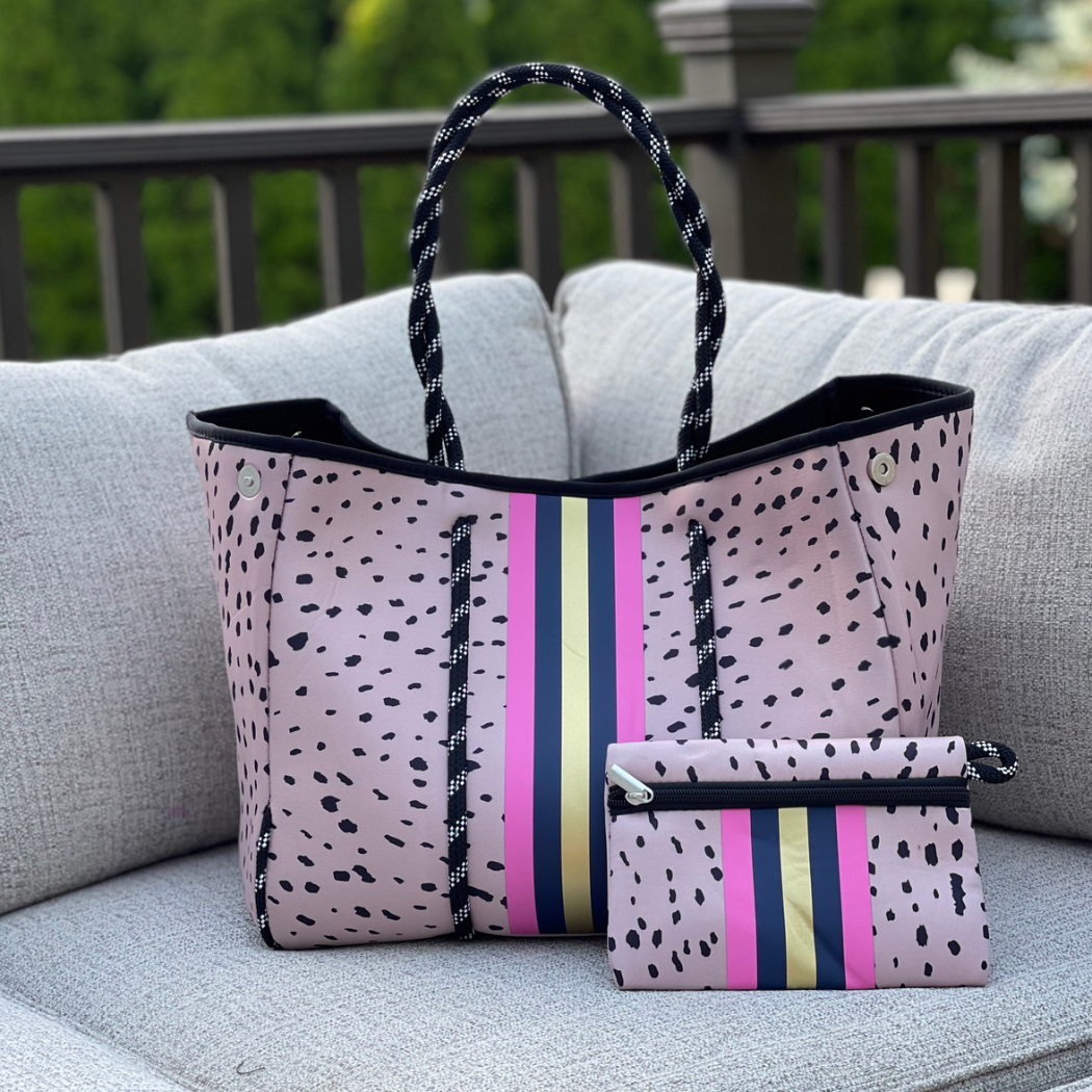 The Aniella Neoprene Tote - Leopard with Pink Blue Gold Stripe by Babs+Birdie