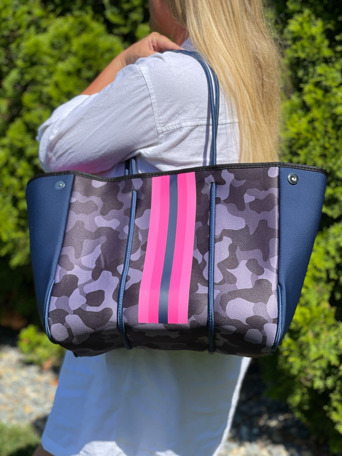 The Aniella Neoprene Tote - Blue Camo with Hot Pink Racer Stripe by Babs+Birdie