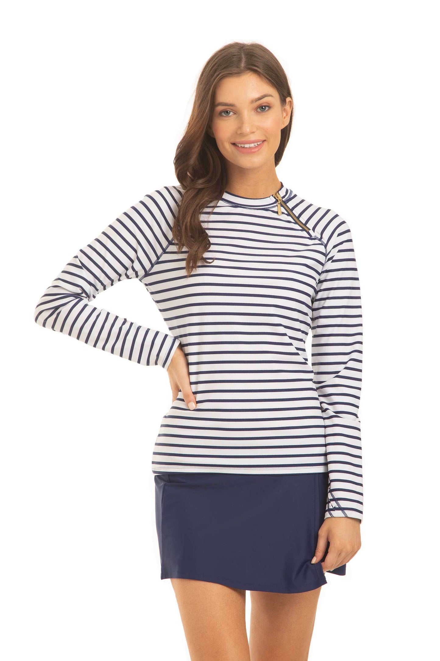 Navy Stripe Zipper Rashguard by Cabana Life